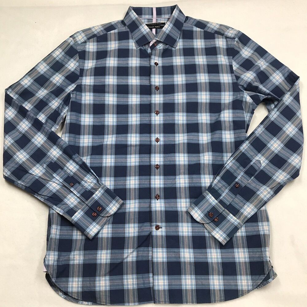 HAMMER MADE Italian Fabric Dress Shirt Men XL Blue Blanket Plaid Slim Fit Office